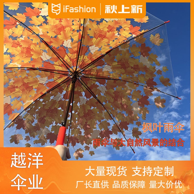Transparent Maple Leaf Umbrella For Girls, High Aesthetic Value, Automatic Umbrella With Straight Long Handle, Dual-Use For Sun And Rain, Japanese Style, Waterproof, Green Shade - Image 2